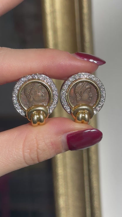 Estate 14KT Yellow Gold Pave Diamond Roman Coin Omega Back Earrings