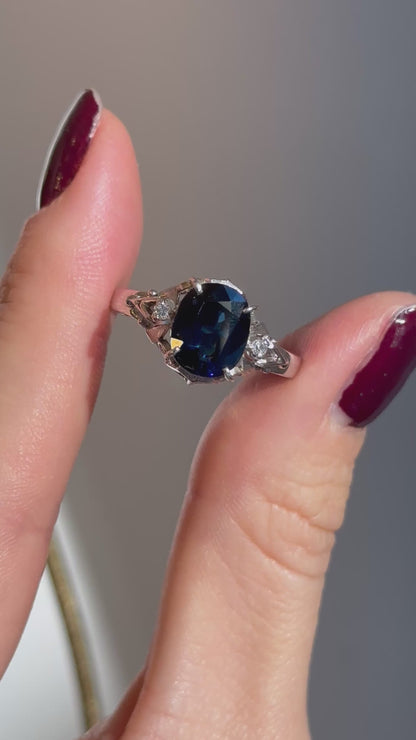 Estate Platinum Oval Blue Sapphire + Diamond Art Deco Ring