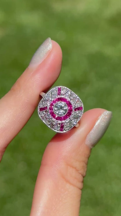 Platinum Art Deco Round Diamond + Square Ruby Ring