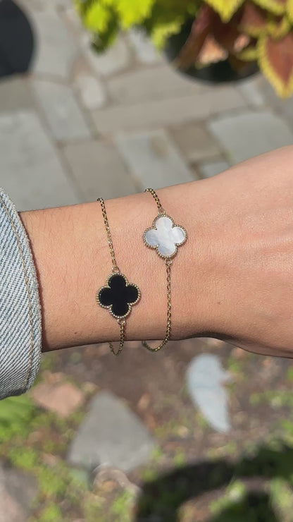 14KT Yellow Gold Beaded Black Onyx Clover Chain Bracelet