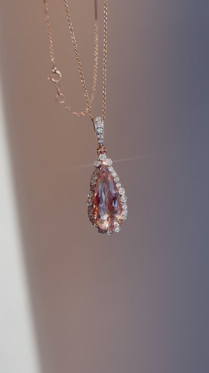 Estate 14KT White + Rose Gold Morganite + Diamond Pendant Necklace