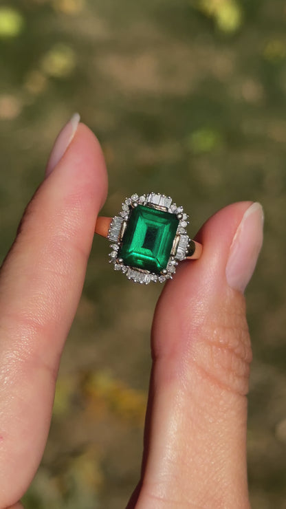 Estate 10KT Yellow Gold Lab Emerald-Cut Emerald + Diamond Ballerina Ring