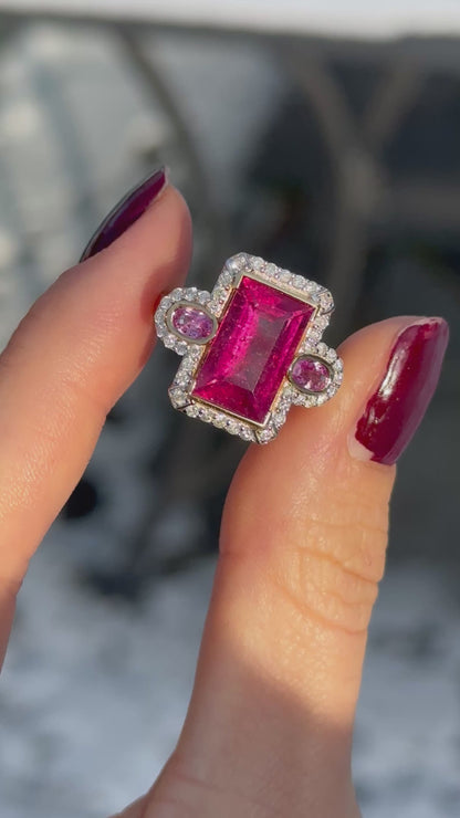 Estate 14KT Yellow Gold Rubelite Tourmaline + Diamond Halo Ring