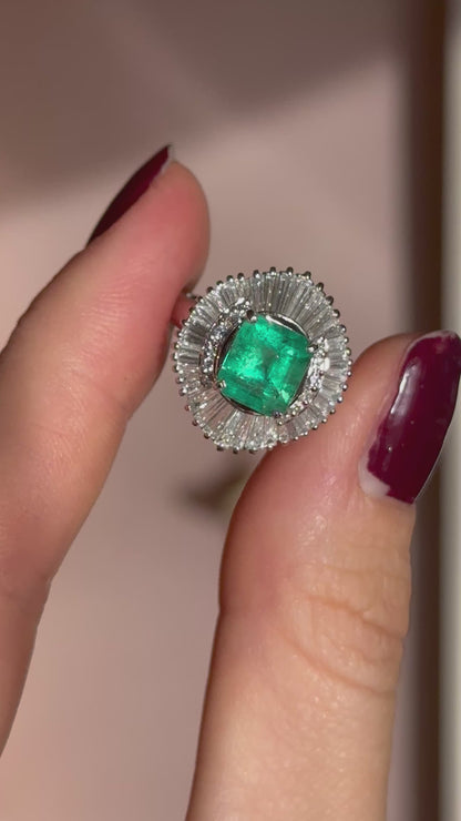 Estate Platinum Emerald-Cut Emerald + Baguette Diamond Ballerina Ring