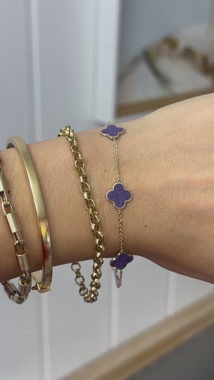 14KT Yellow Gold Amethyst 10mm 4 Leaf Clover Charm Chain Bracelet