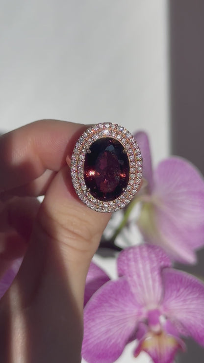 14KT Rose Gold Oval Large Tourmaline + Double Diamond Halo Ring