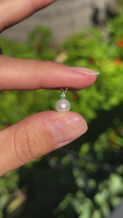 14KT Yellow Gold Freshwater Pearl + Emerald Drop Pendant