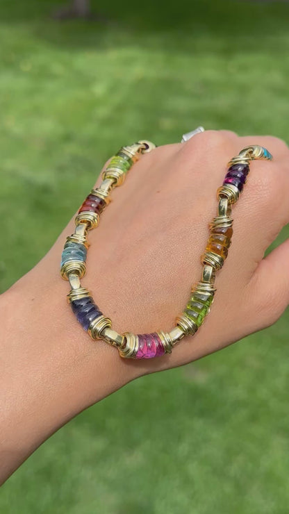 Estate 18KT Yellow Gold Multi-Gemstone Heavy Link Collar Necklace