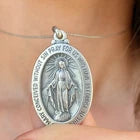Sterling Silver Oval Antiqued Miraculous Mary Medal Pendant 40mm