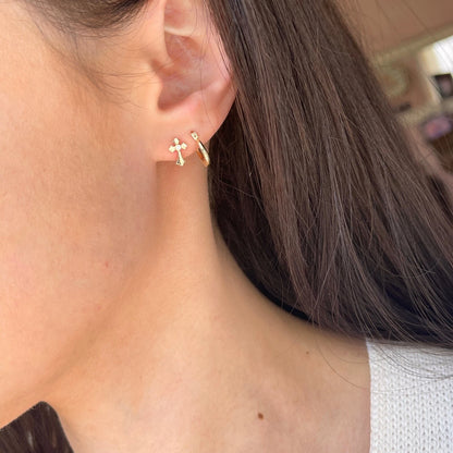 14KT Yellow Gold CZ Stone Cross Post Stud Earrings