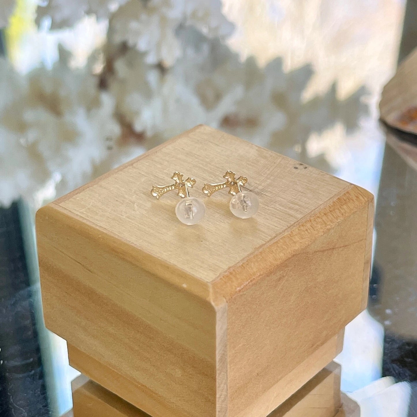 14KT Yellow Gold CZ Stone Cross Post Stud Earrings