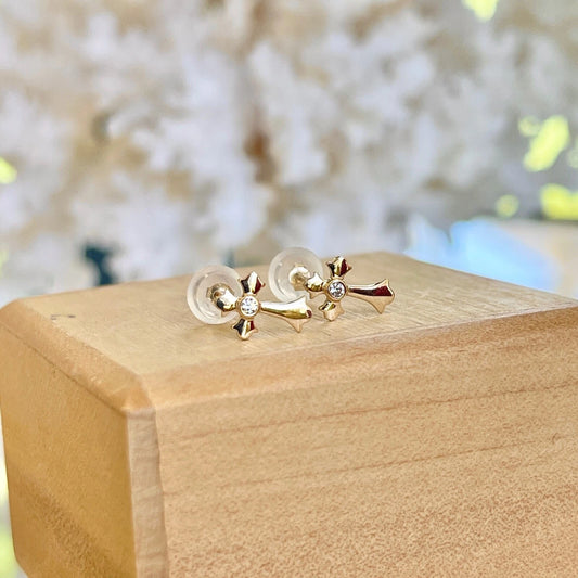 14KT Yellow Gold CZ Stone Cross Post Stud Earrings