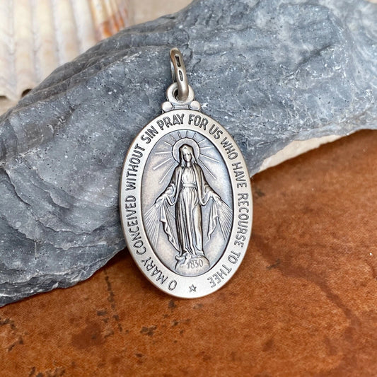Sterling Silver Oval Antiqued Miraculous Mary Medal Pendant 40mm