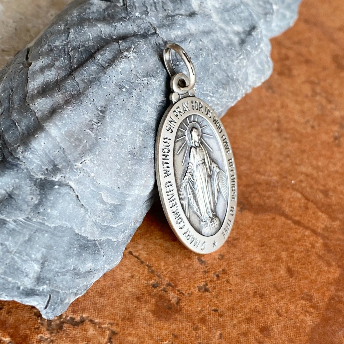 Sterling Silver Oval Antiqued Miraculous Mary Medal Pendant 40mm