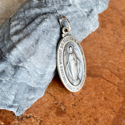 Sterling Silver Oval Antiqued Miraculous Mary Medal Pendant 40mm