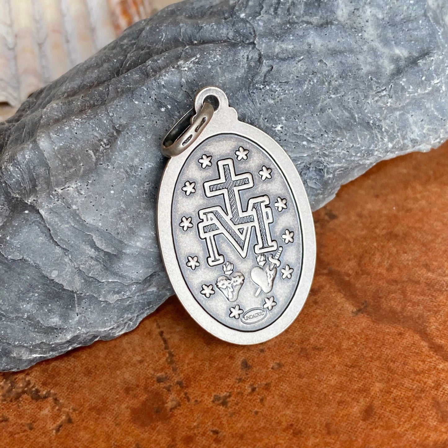 Sterling Silver Oval Antiqued Miraculous Mary Medal Pendant 40mm