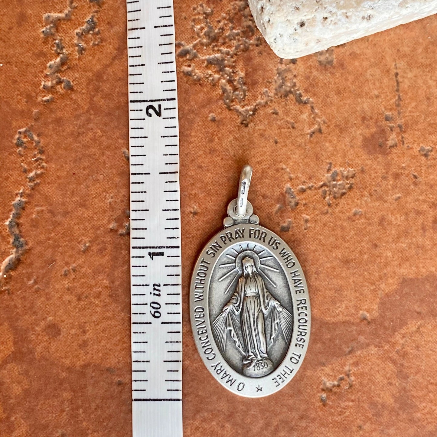Sterling Silver Oval Antiqued Miraculous Mary Medal Pendant 40mm