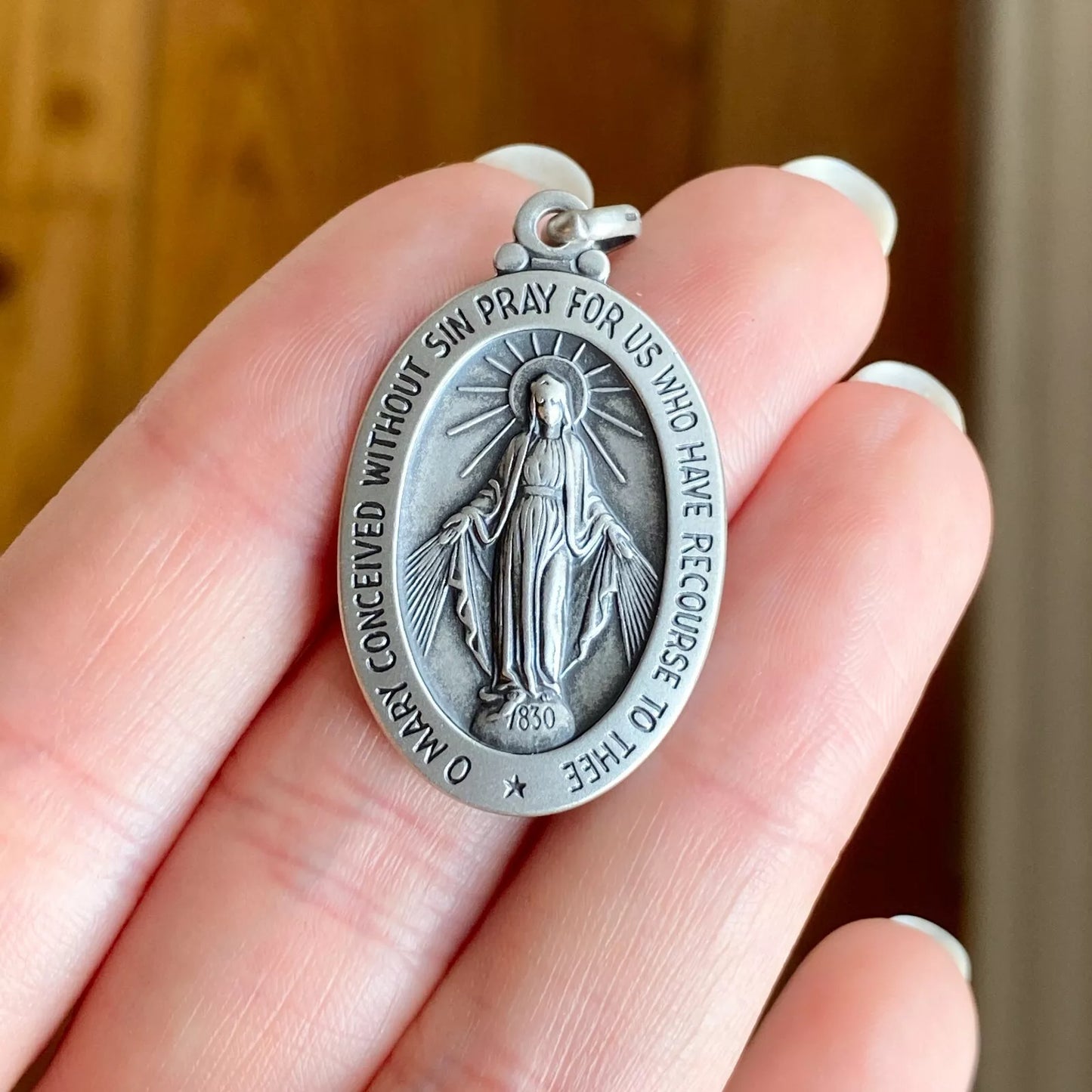 Sterling Silver Oval Antiqued Miraculous Mary Medal Pendant 40mm