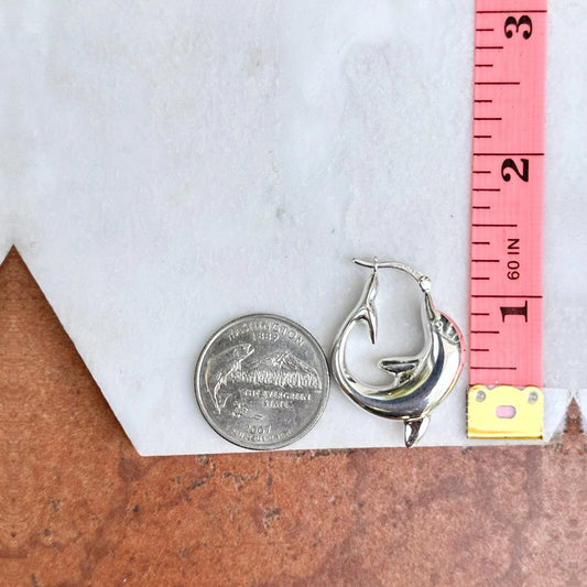 Sterling Silver Shiny Finish 3D Dolphin Design Hoop Earrings NEW Small 32mm