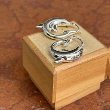 Sterling Silver Shiny Finish 3D Dolphin Design Hoop Earrings NEW Small 32mm