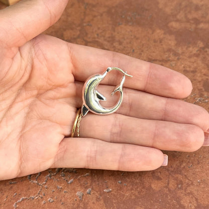 Sterling Silver Shiny Finish 3D Dolphin Design Hoop Earrings NEW Small 32mm