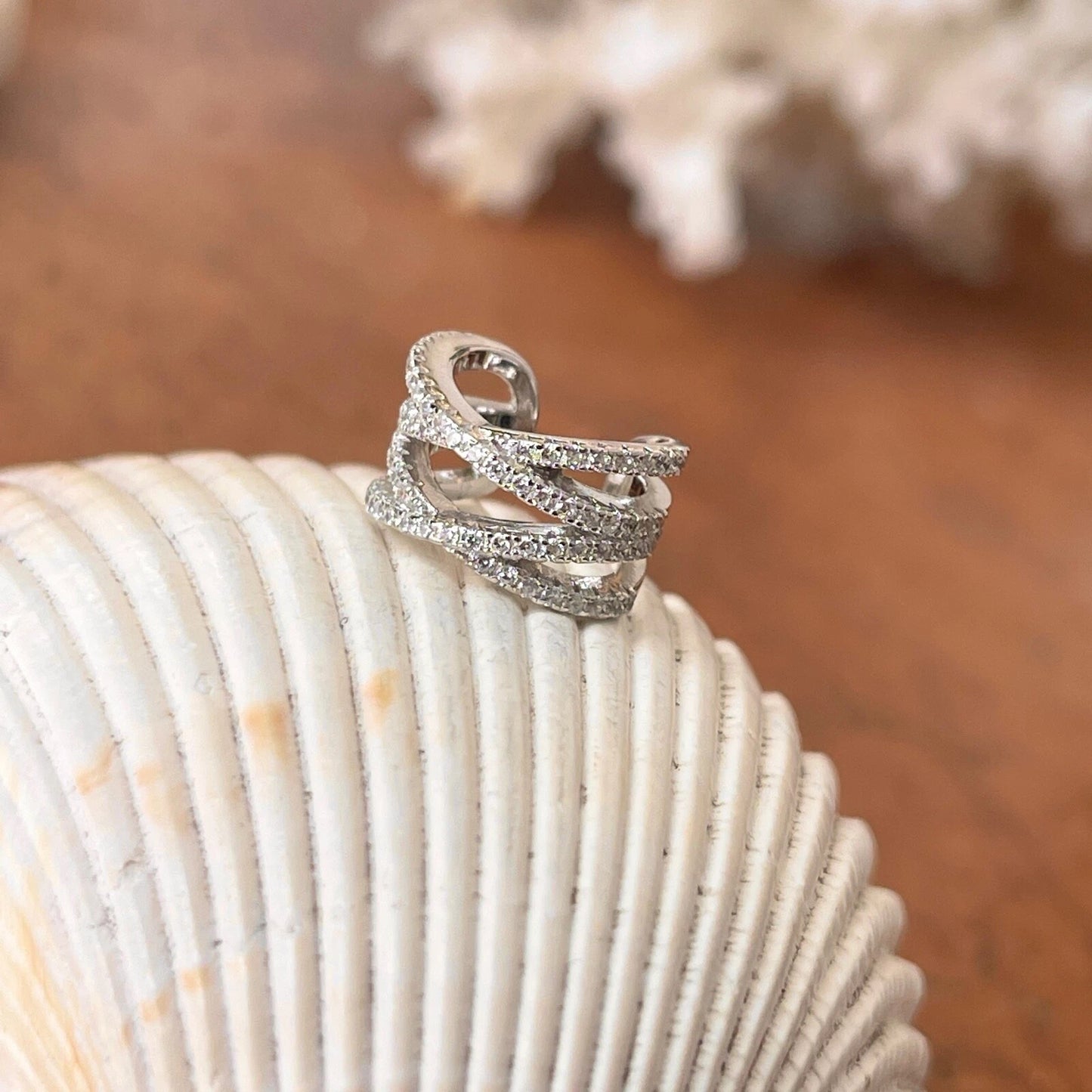 Sterling Silver CZ Stones Artistic Criss Cross Design Ear Cuff NEW 1 Earring