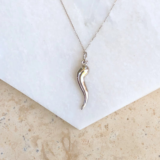 10KT White Gold Italian Horn "Corno" Cornicello Pendant Charm 24.5mm