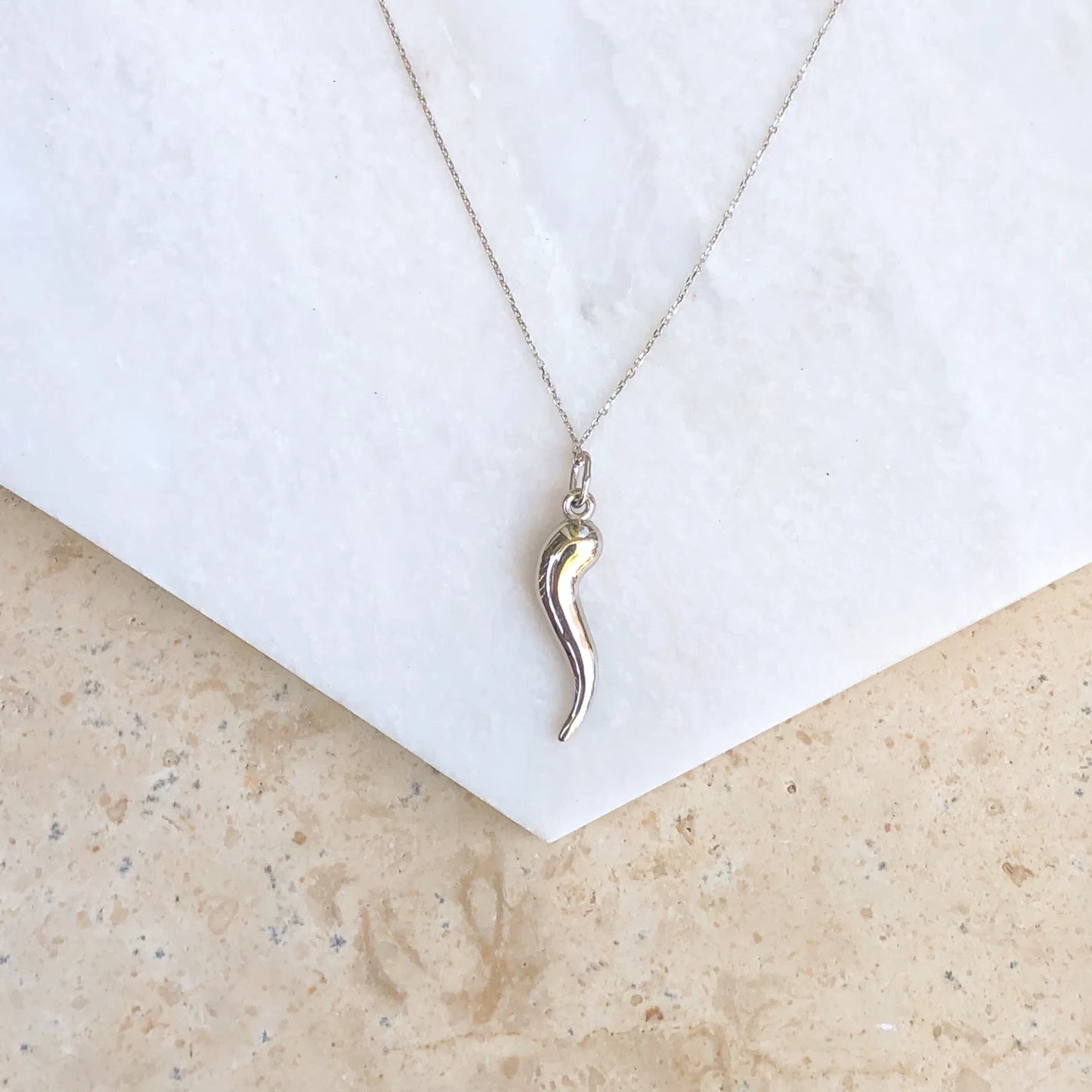 10KT White Gold Italian Horn "Corno" Cornicello Pendant Charm 24.5mm