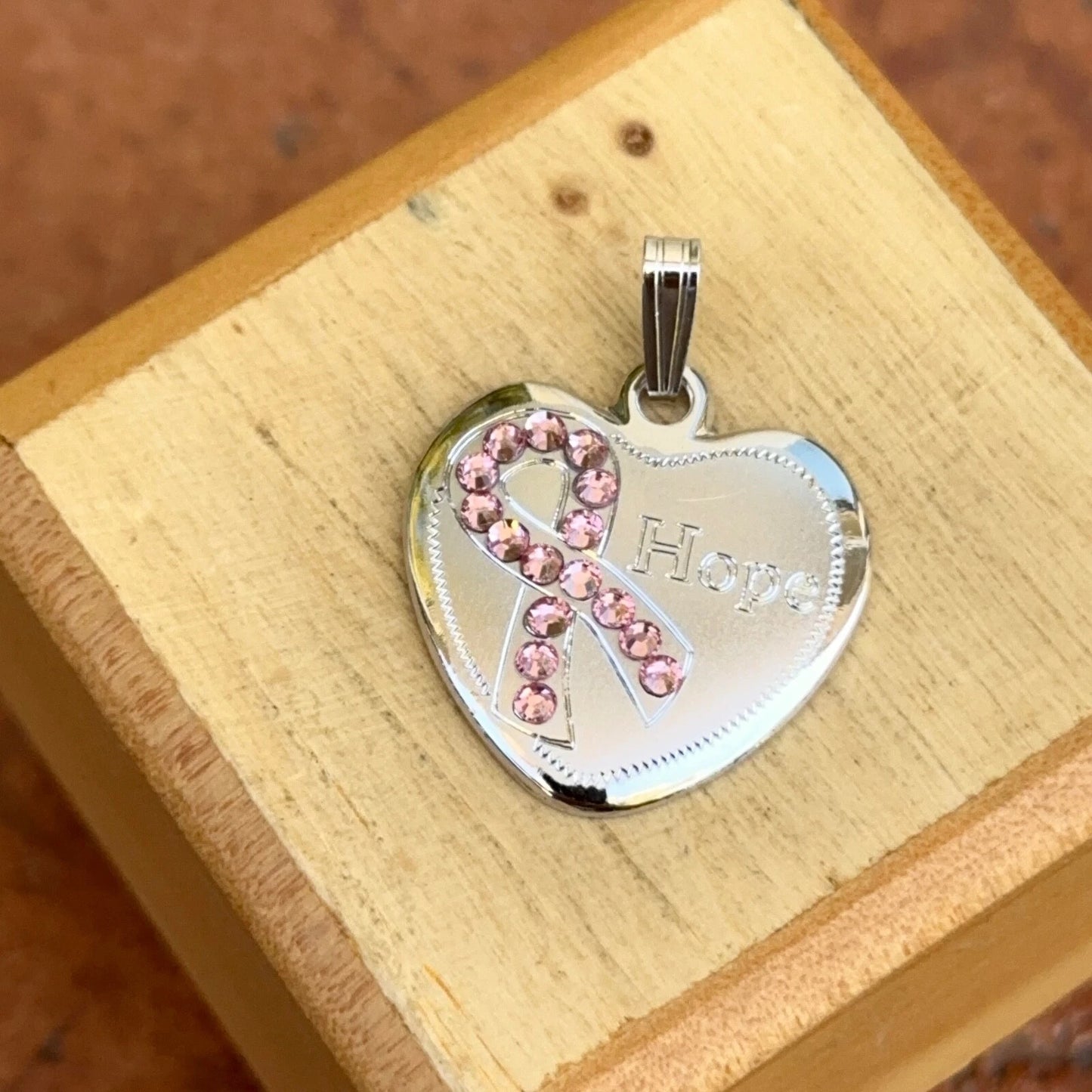 Sterling Silver Pink Crystal Breast Cancer Awareness Ribbon Hope Pendant Charm