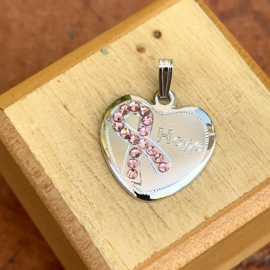 Sterling Silver Pink Crystal Breast Cancer Awareness Ribbon Hope Pendant Charm