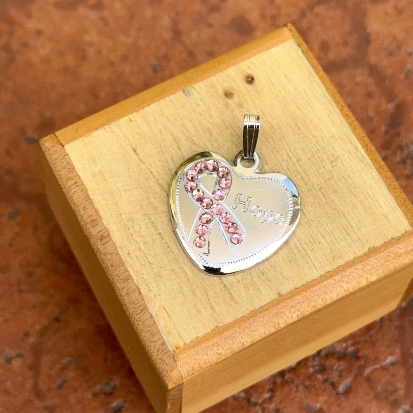 Sterling Silver Pink Crystal Breast Cancer Awareness Ribbon Hope Pendant Charm