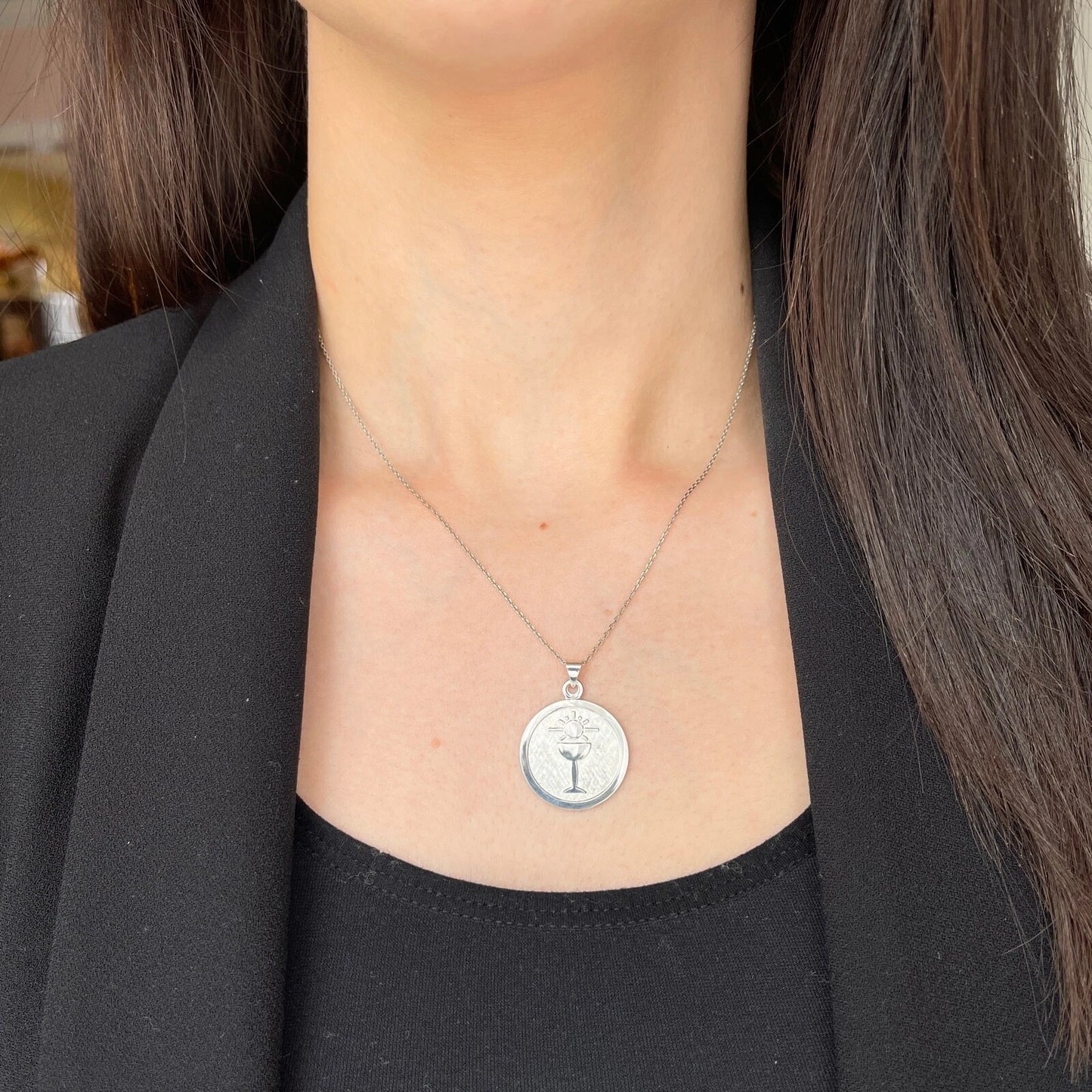 Sterling Silver Holy Communion Blessed Sacrament Round Medal Pendant Charm 23mm