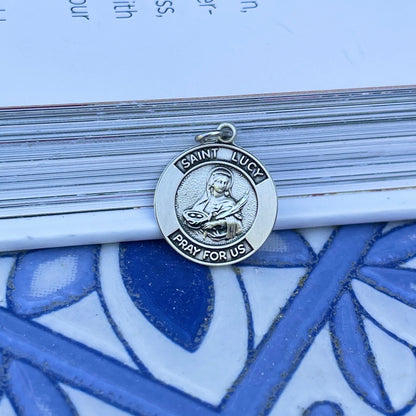 Sterling Silver Antiqued St Lucy of Blind Round Medal Pendant Charm