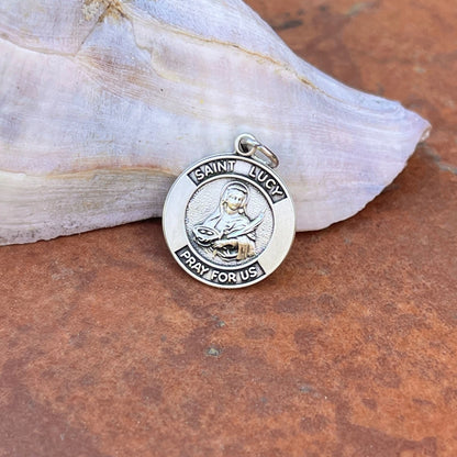 Sterling Silver Antiqued St Lucy of Blind Round Medal Pendant Charm