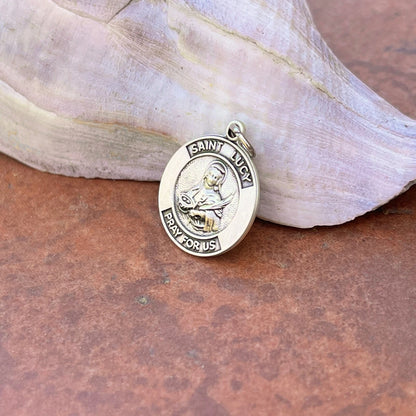 Sterling Silver Antiqued St Lucy of Blind Round Medal Pendant Charm