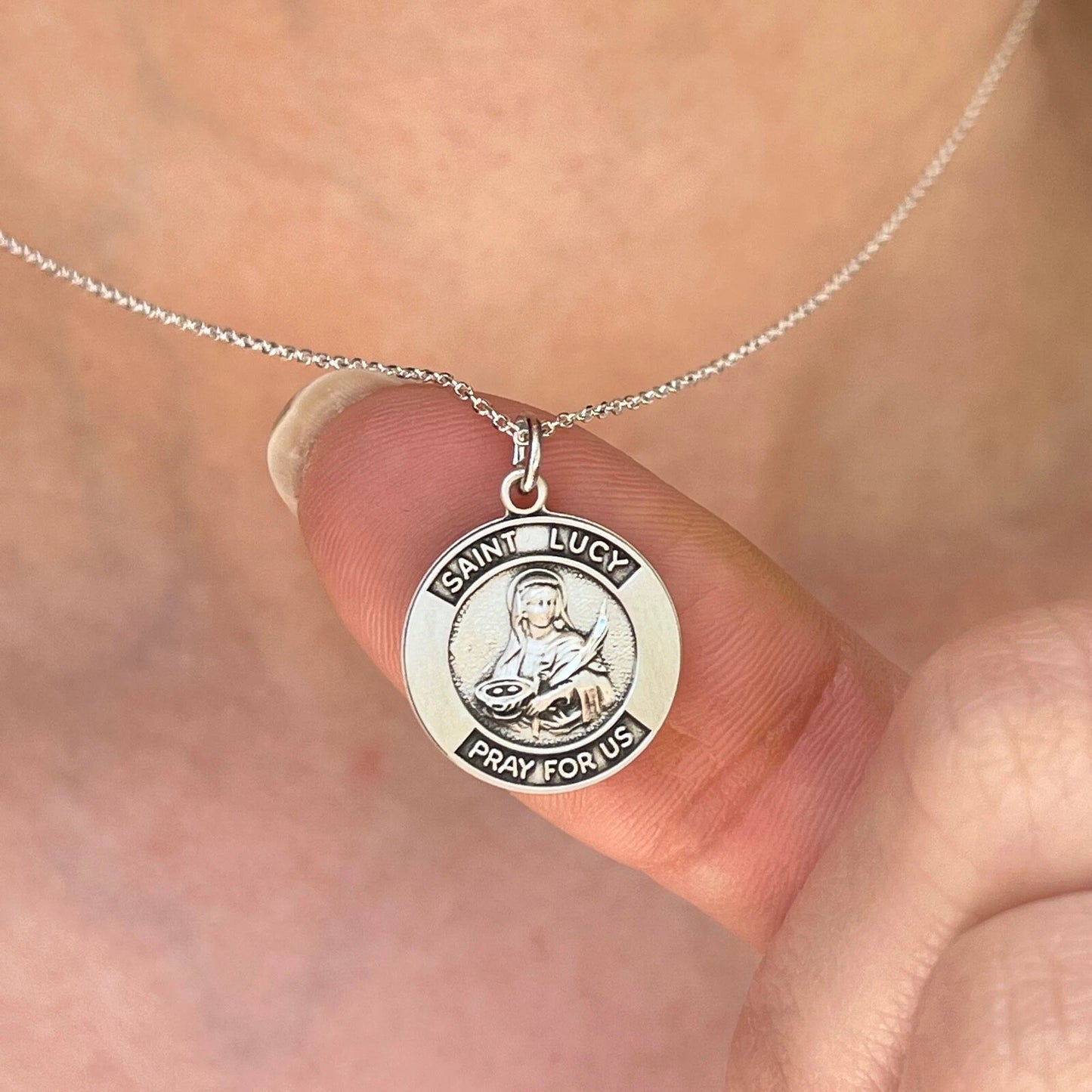 Sterling Silver Antiqued St Lucy of Blind Round Medal Pendant Charm