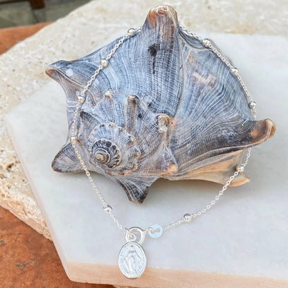 Sterling Silver Polished Beaded Chain Rosary Miraculous Medal Bracelet