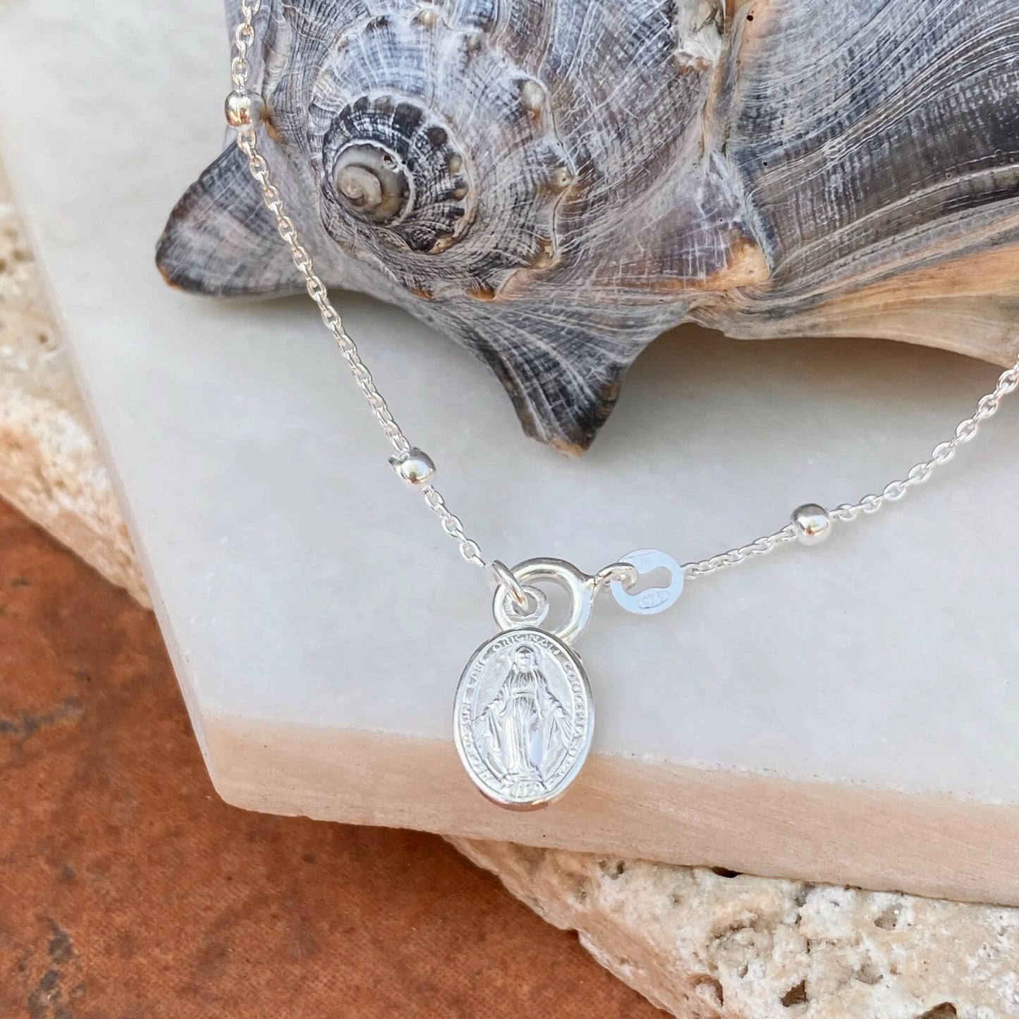 Sterling Silver Polished Beaded Chain Rosary Miraculous Medal Bracelet