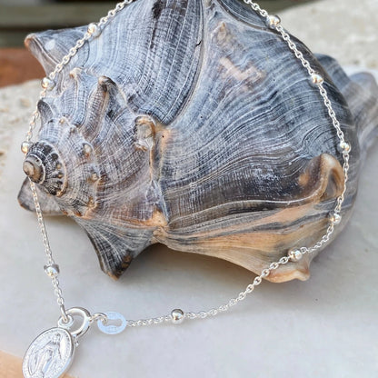 Sterling Silver Polished Beaded Chain Rosary Miraculous Medal Bracelet