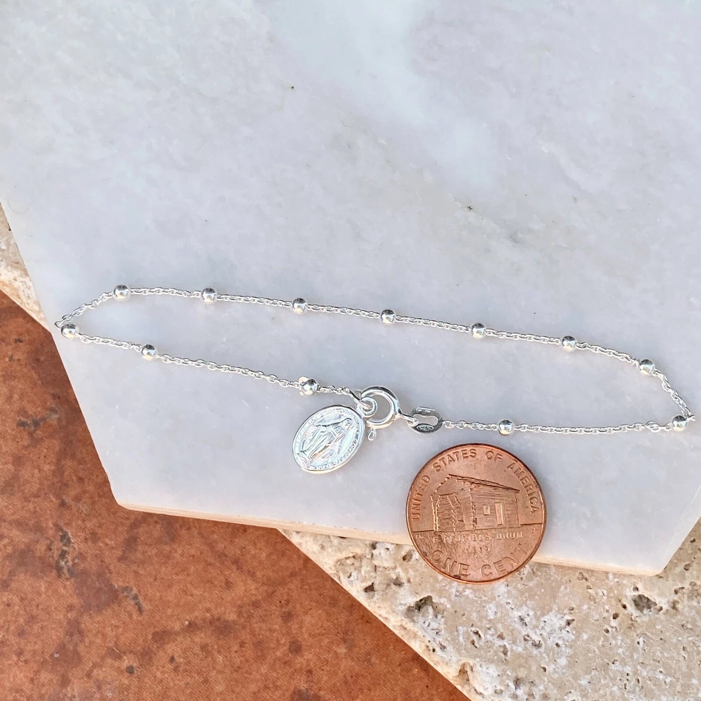 Sterling Silver Polished Beaded Chain Rosary Miraculous Medal Bracelet