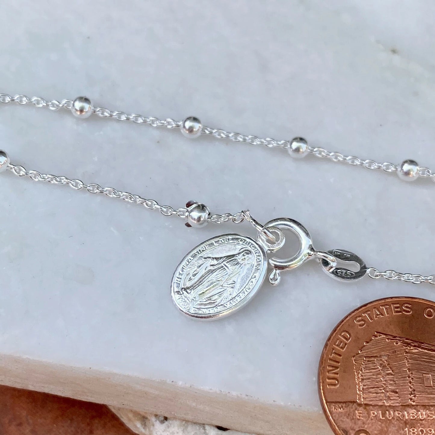 Sterling Silver Polished Beaded Chain Rosary Miraculous Medal Bracelet