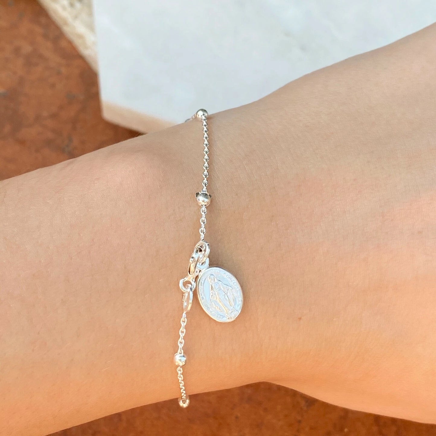 Sterling Silver Polished Beaded Chain Rosary Miraculous Medal Bracelet