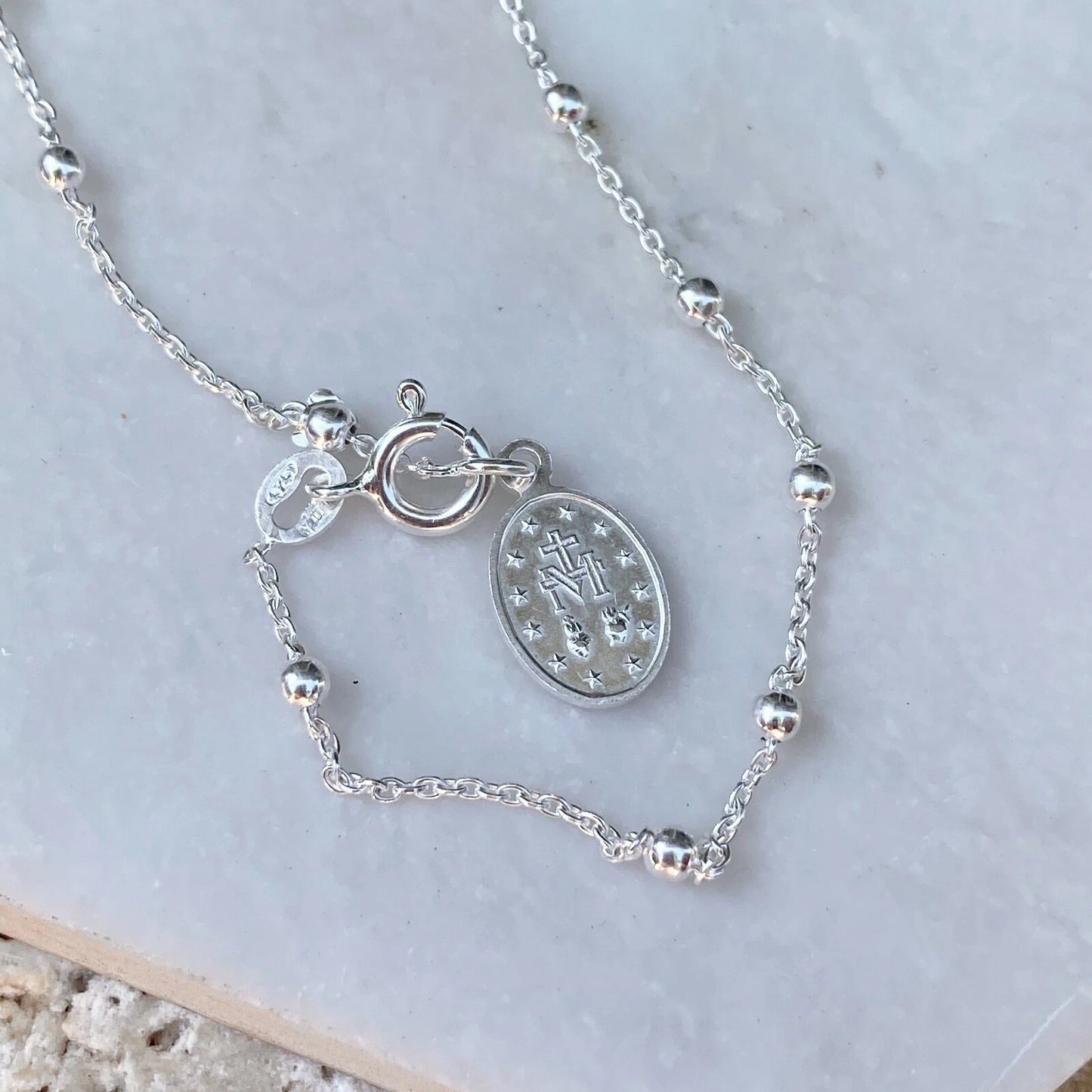 Sterling Silver Polished Beaded Chain Rosary Miraculous Medal Bracelet