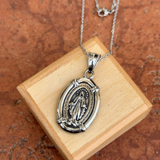 Stainless Steel Oval Spanish Miraculous Medal Pendant Chain Necklace 18" unisex