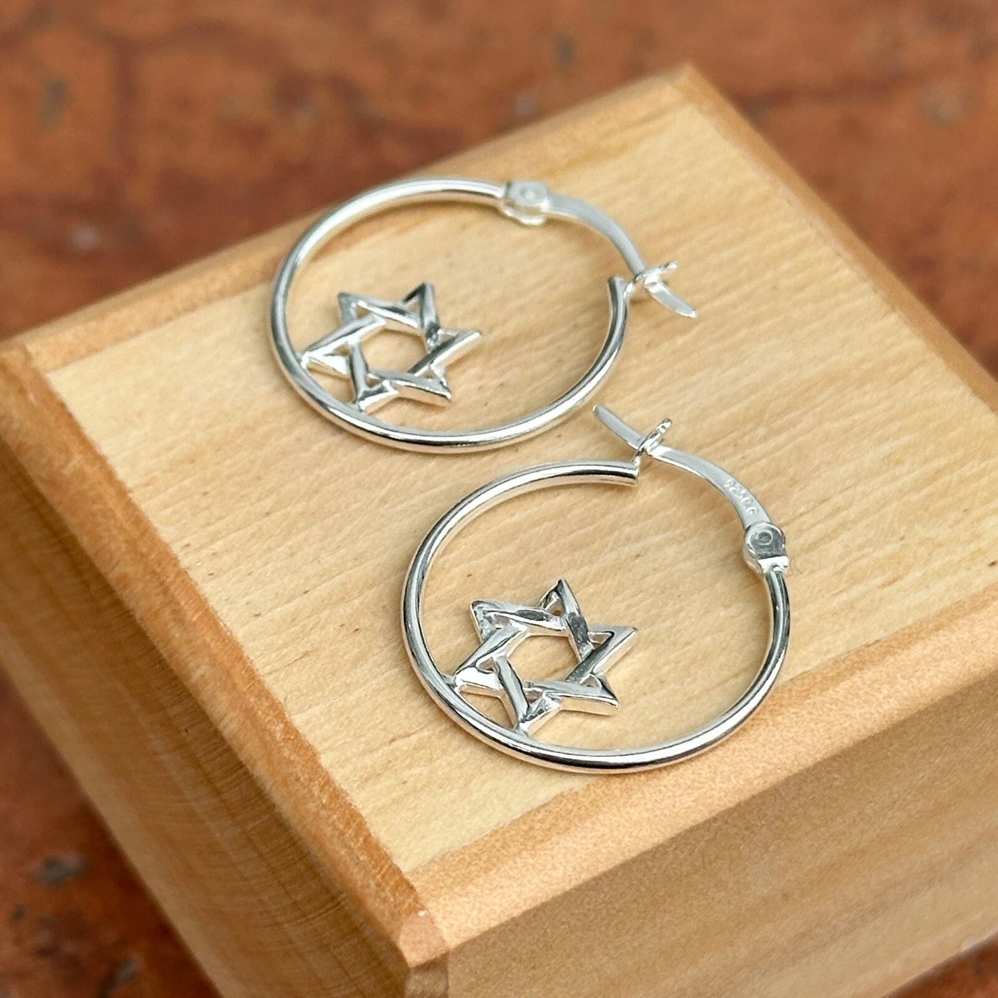 Sterling Silver Shiny Star of David Hoop Earrings NEW Small 20mm