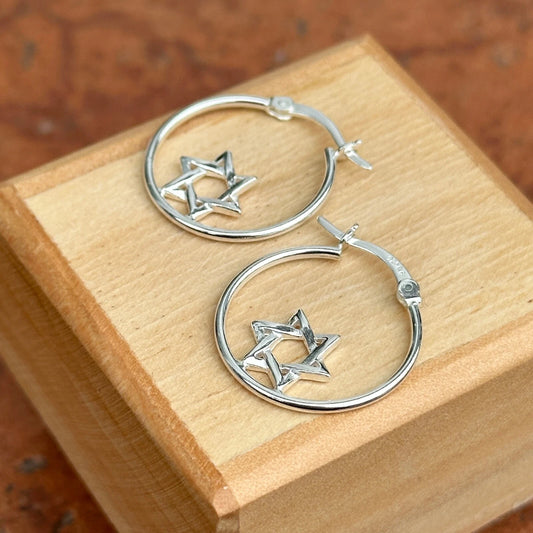 Sterling Silver Shiny Star of David Hoop Earrings NEW Small 20mm