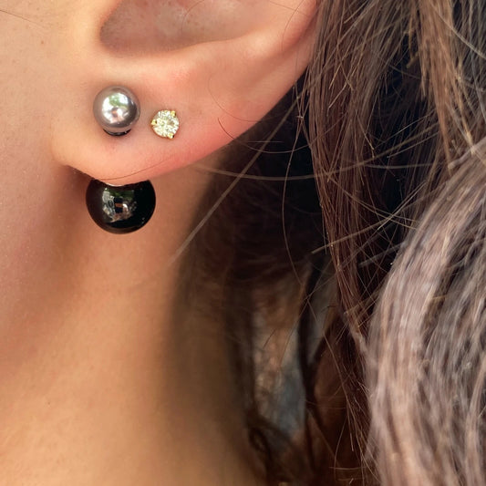 Stainless Steel Double Ended Gray Pearl + Black Ball Post Stud Earrings NEW