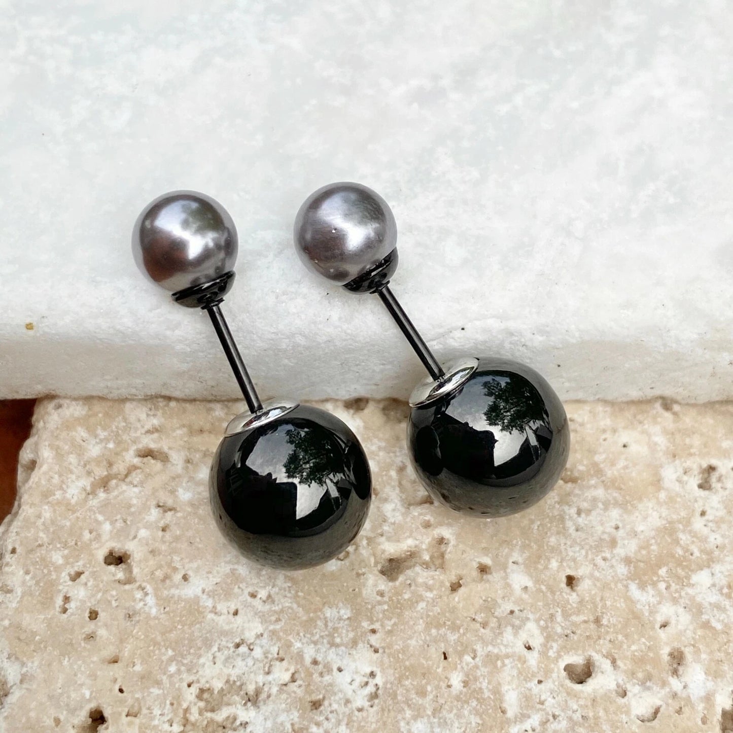 Stainless Steel Double Ended Gray Pearl + Black Ball Post Stud Earrings NEW