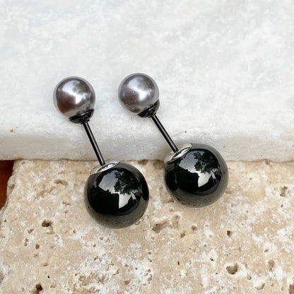 Stainless Steel Double Ended Gray Pearl + Black Ball Post Stud Earrings NEW