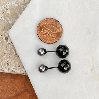 Stainless Steel Double Ended Gray Pearl + Black Ball Post Stud Earrings NEW